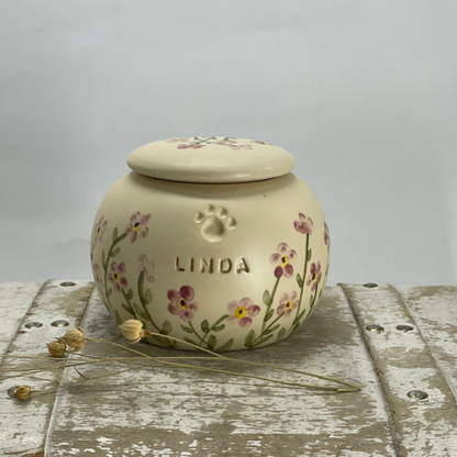 Custom Engraved Ceramic Pink "Forget Me Not" Pet Urn - Handcrafted & Painted