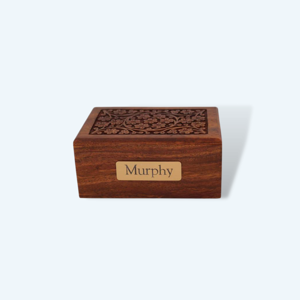 Rosewood Pet Urn- Hand Carved with Personalized Plate