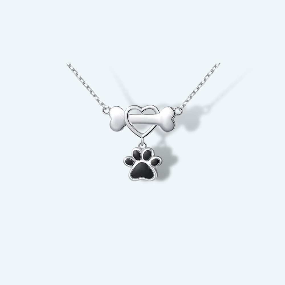 Black Paw Print Heart and Bone Pendant Necklace