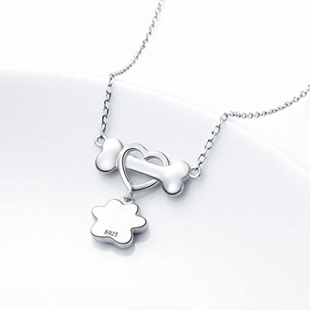 Black Paw Print Heart and Bone Pendant Necklace