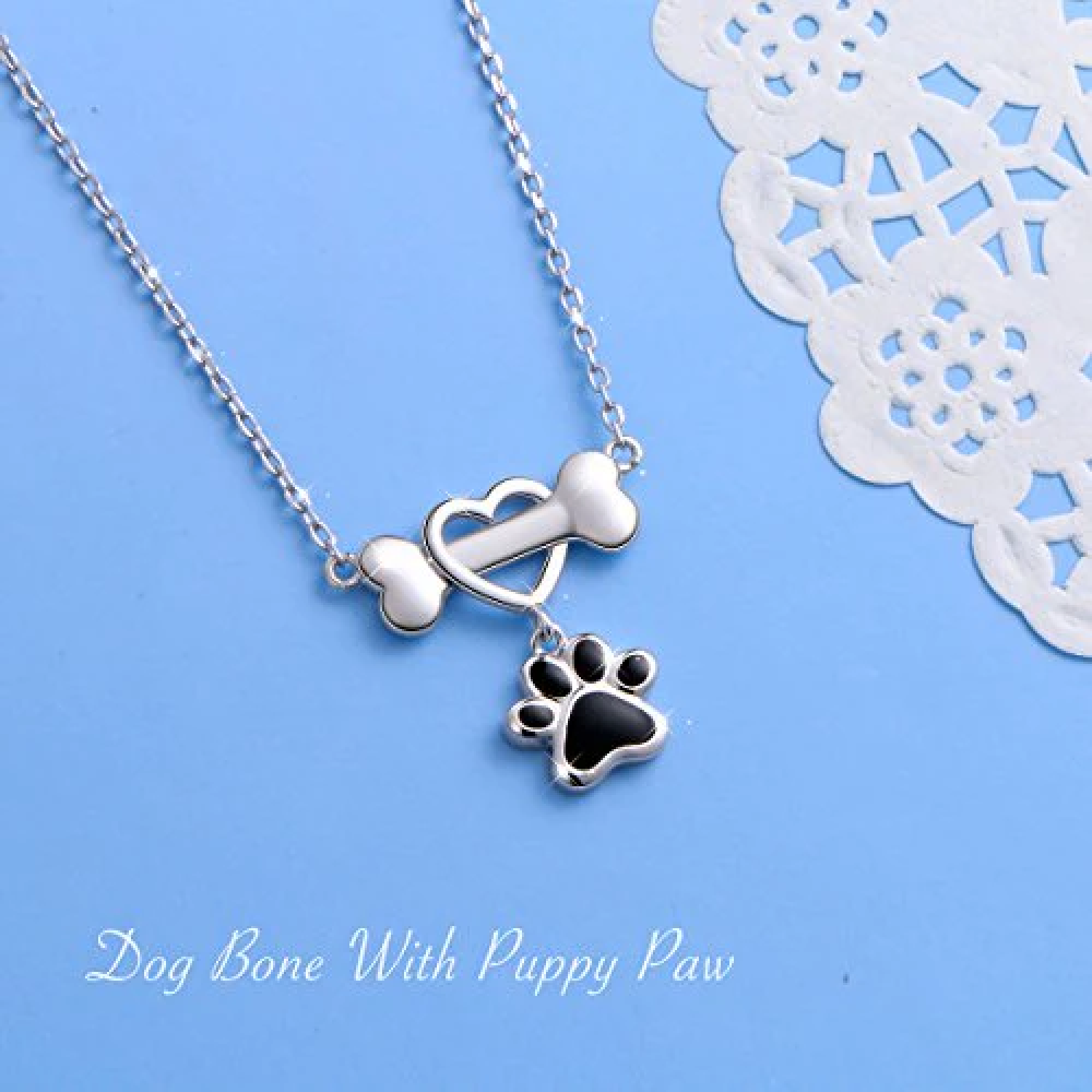 Black Paw Print Heart and Bone Pendant Necklace