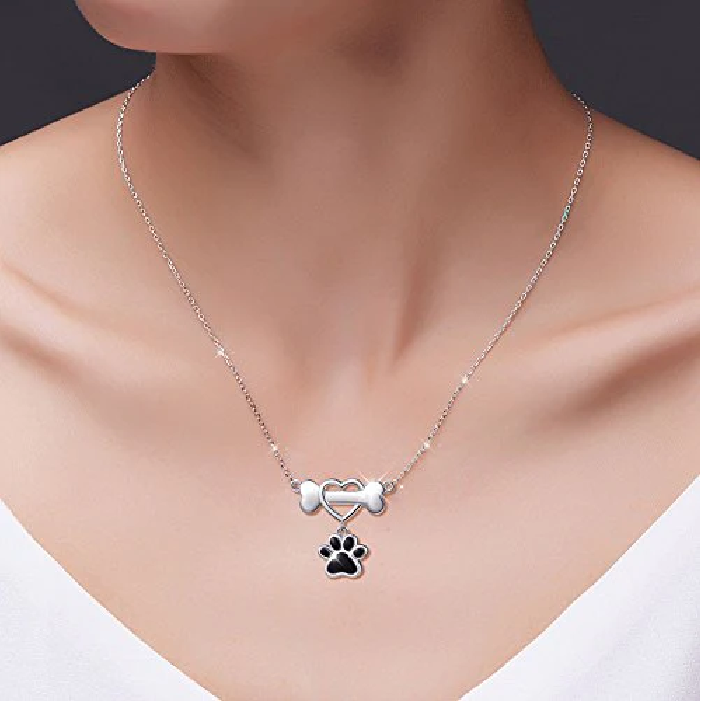 Black Paw Print Heart and Bone Pendant Necklace