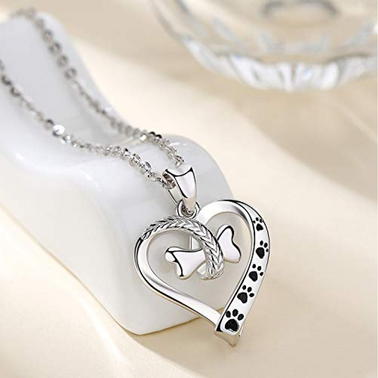 Dog Bone & Heart Sterling Silver Pet Necklace
