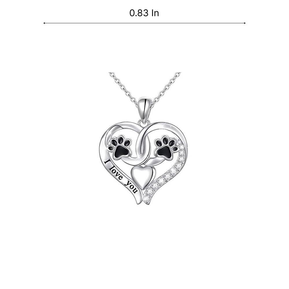 "I Love You" Paw Print Heart Pendant Necklace | 18 inches, Sterling Silver