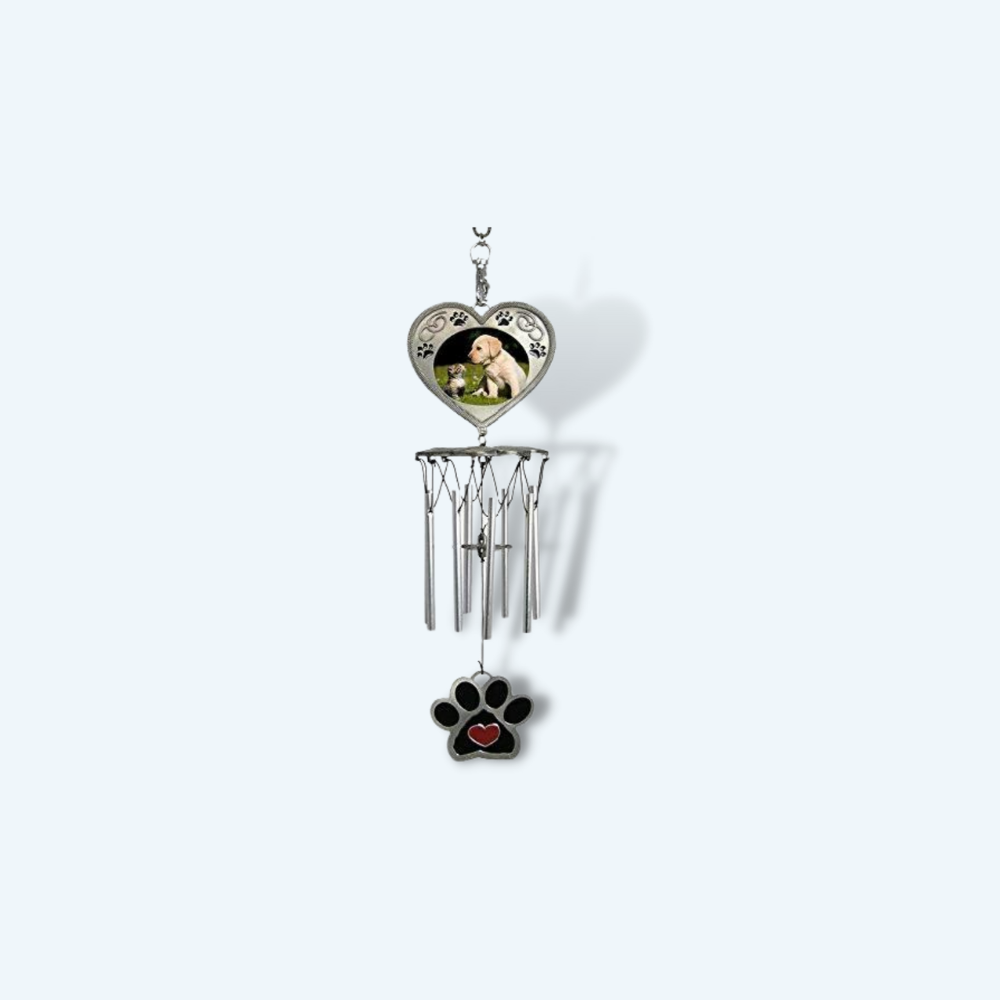 "Paw Prints On My Heart" Black Wrought Iron Garden Stake Pet Memorial Wind Chime