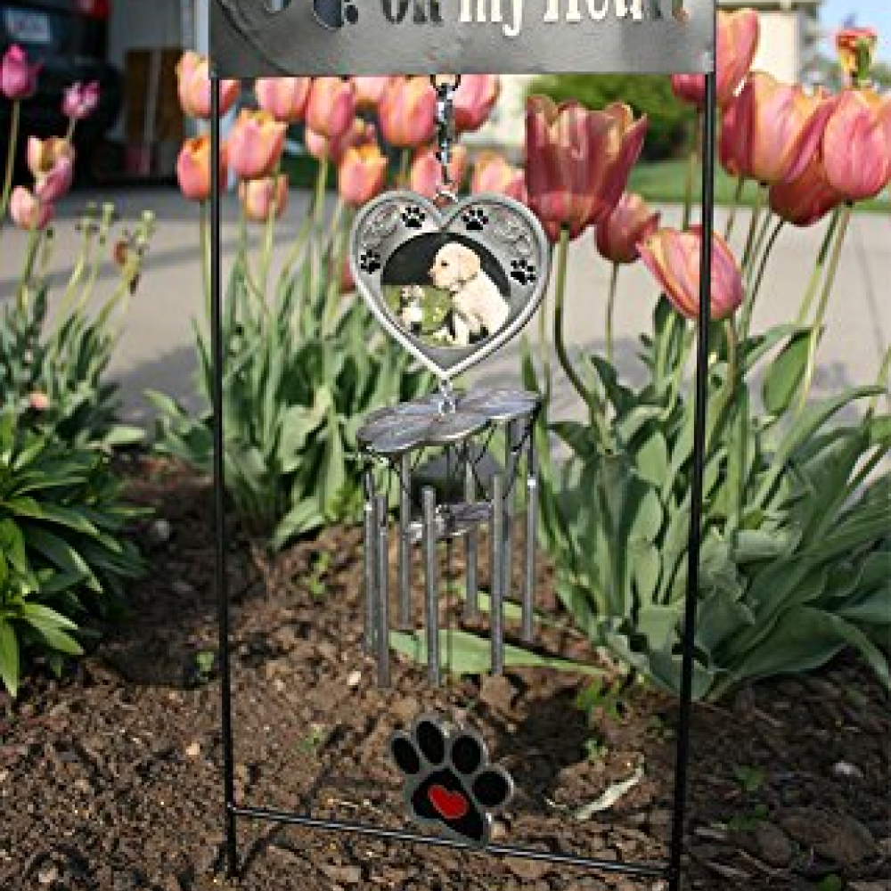 "Paw Prints On My Heart" Black Wrought Iron Garden Stake Pet Memorial Wind Chime