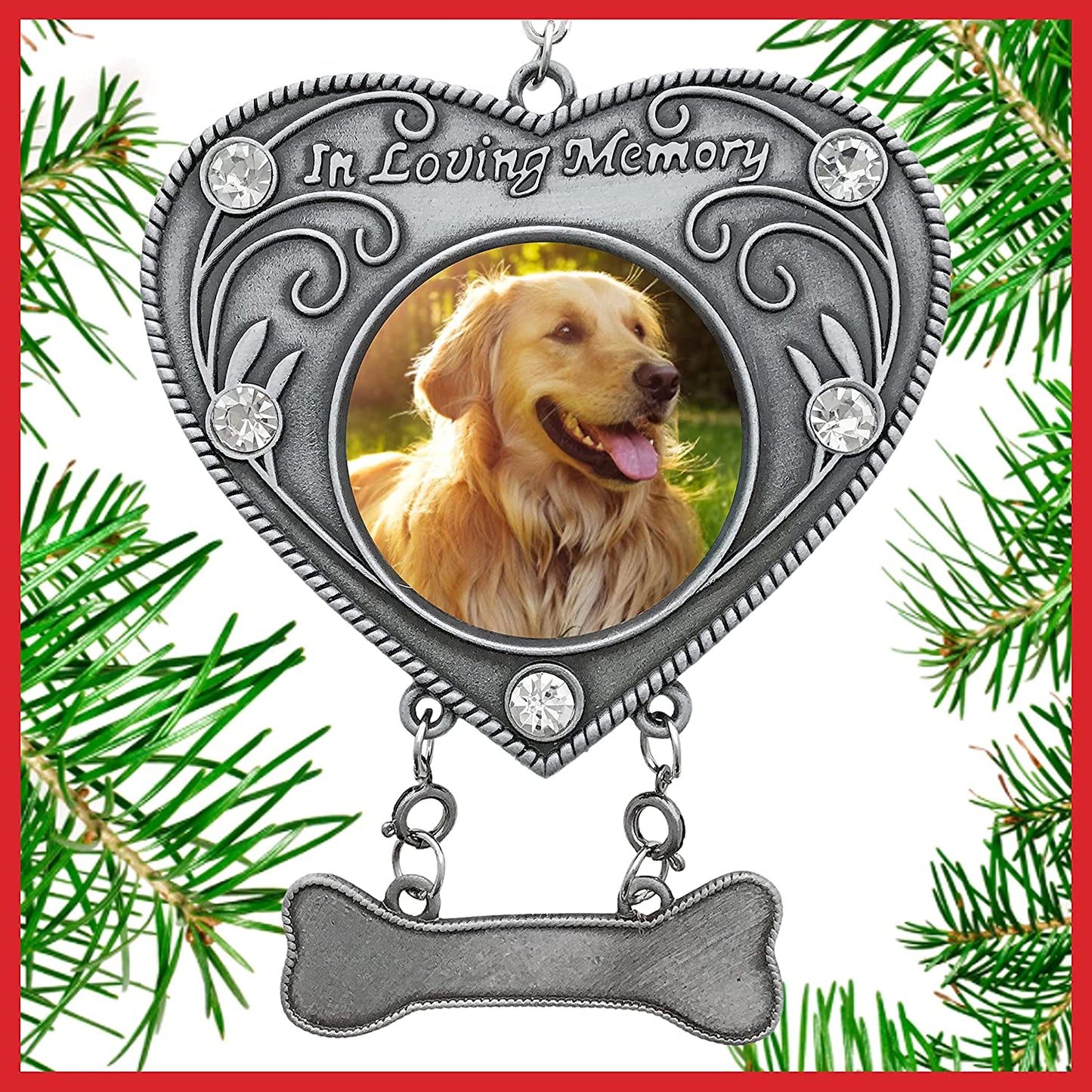 Dog Memorial Photo Ornament | "In Loving Memory" Heart Shaped Picture Christmas Ornament