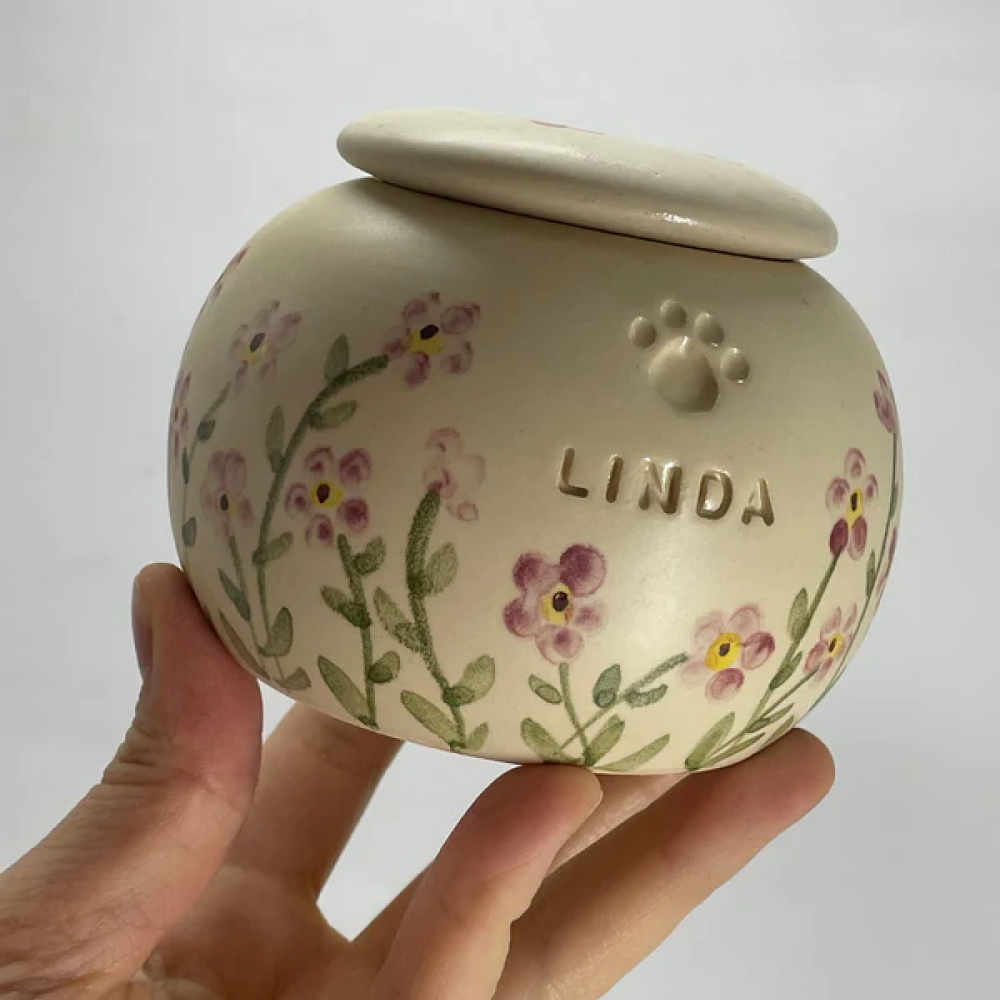 Custom Engraved Ceramic Pink "Forget Me Not" Pet Urn - Handcrafted & Painted