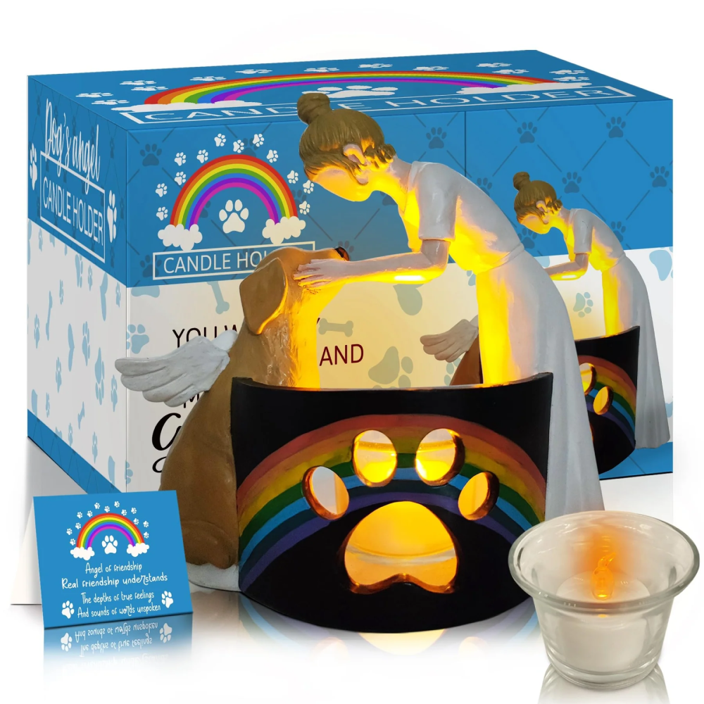 Angel Dog Rainbow Bridge Memorial LED Candle Holder