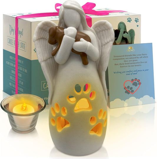 Angel Holding Dog Memorial LED Candle Holder