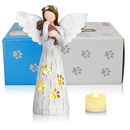 Angel Holding Dog Memorial LED Candle Holder