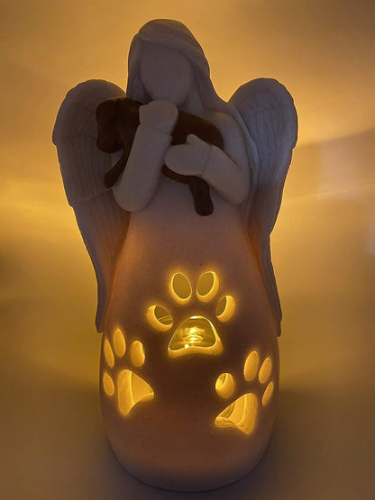 Angel Holding Dog Memorial LED Candle Holder