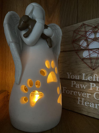 Angel Holding Dog Memorial LED Candle Holder