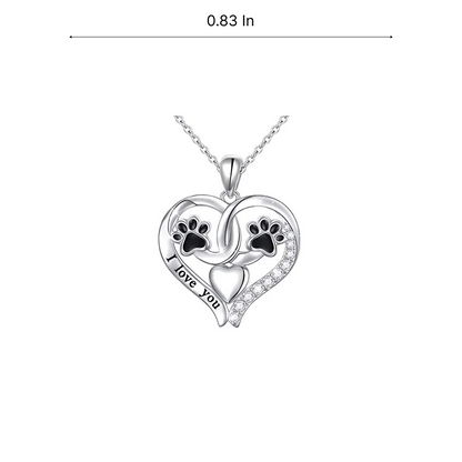 "I Love You" Paw Print Heart Pendant Necklace | 18 inches, Sterling Silver