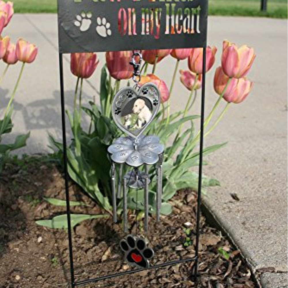 "Paw Prints On My Heart" Black Wrought Iron Garden Stake Pet Memorial Wind Chime