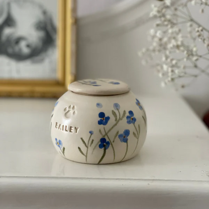 Custom Engraved Ceramic Blue "Forget Me Not" Pet Urn - Handcrafted & Painted
