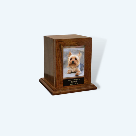 Wooden Pet Photo Cremation Urn w/ Custom-Engraved Text