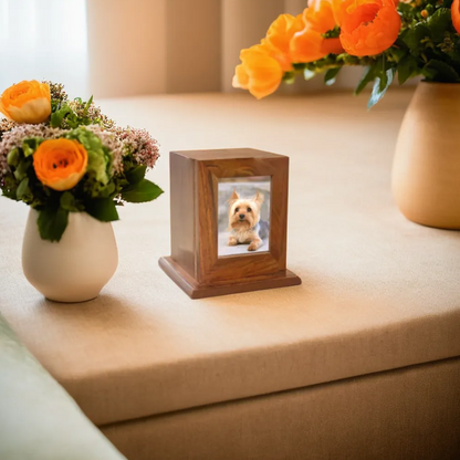 Wooden Pet Photo Cremation Urn w/ Custom-Engraved Text