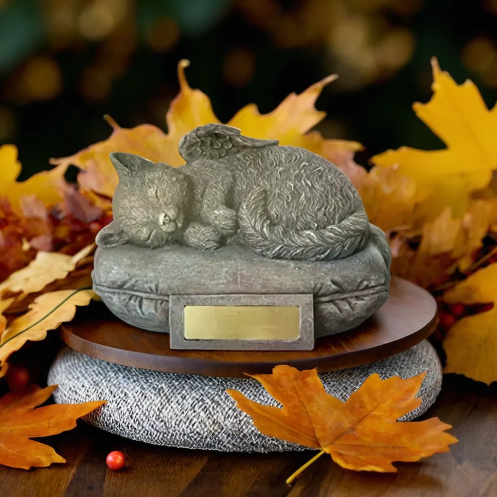 Angel Cat Sleeping On Pillow Cremation Urn - Ready To Be Engraved