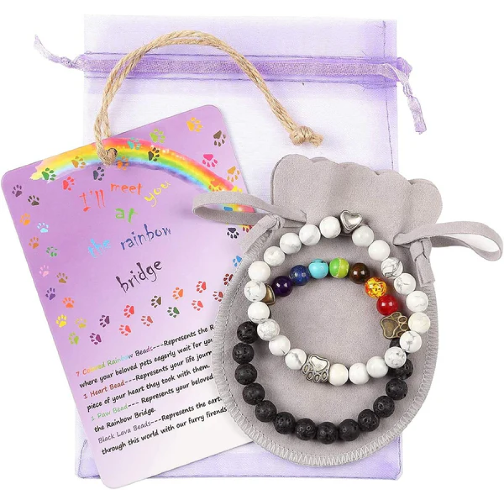 Natural Lava Bead Pet Memorial Set of 2 Bracelets Gift | Includes Rainbow Bridge Card Sympathy