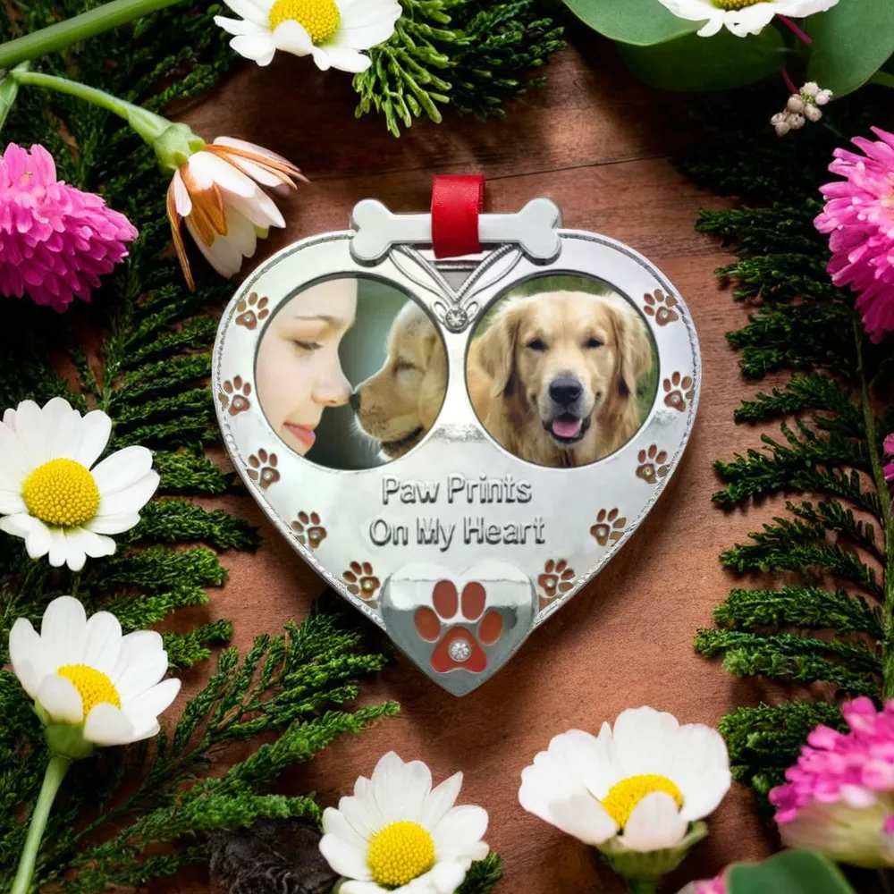 Double Picture Pet Ornament - Paw Prints on My Heart - 2 Pack