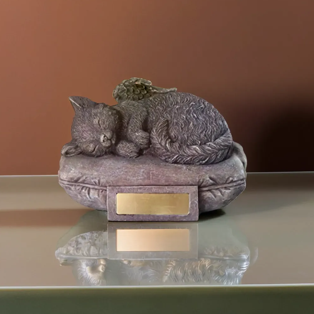 Angel Cat Sleeping On Pillow Cremation Urn - Ready To Be Engraved