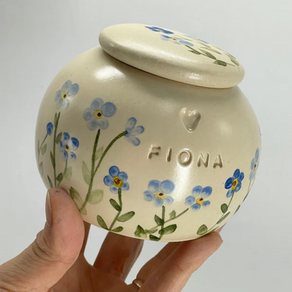 Custom Engraved Ceramic Blue "Forget Me Not" Pet Urn - Handcrafted & Painted