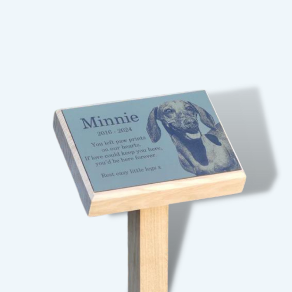 Oak Pet Memorial Stake w/ Custom Text & Image Plaque