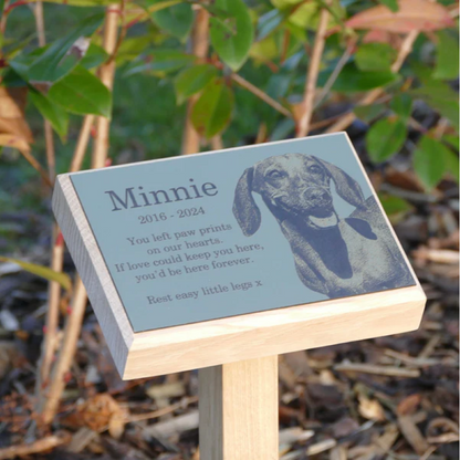 Oak Pet Memorial Stake w/ Custom Text & Image Plaque