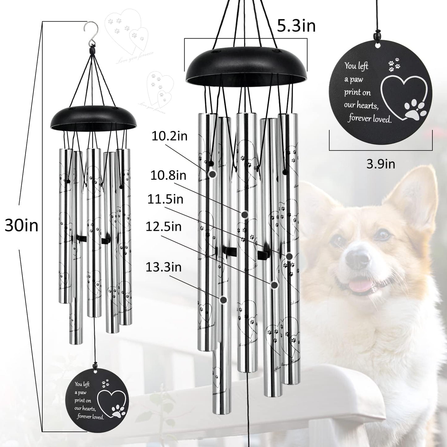 "You Left Pawprints" Silver Pet Memorial Wind Chime | 30" Length & Durable
