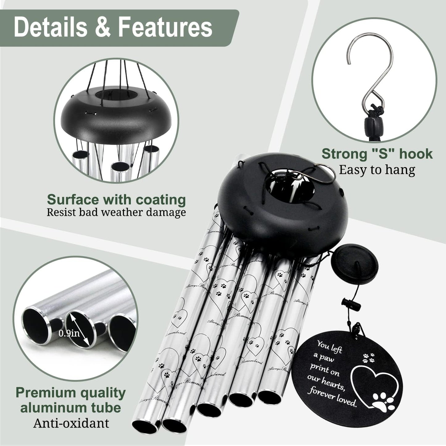 "You Left Pawprints" Silver Pet Memorial Wind Chime | 30" Length & Durable
