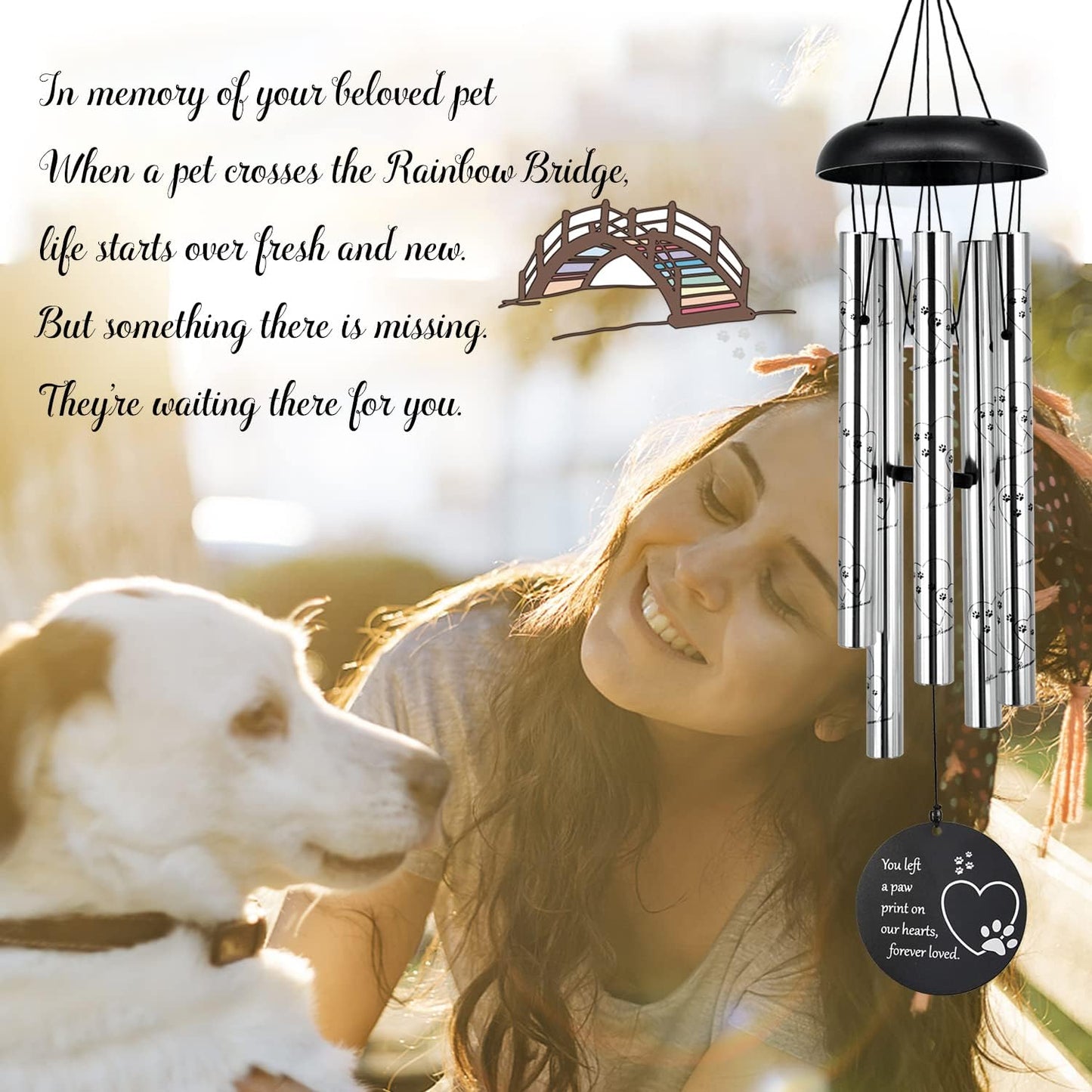 "You Left Pawprints" Silver Pet Memorial Wind Chime | 30" Length & Durable