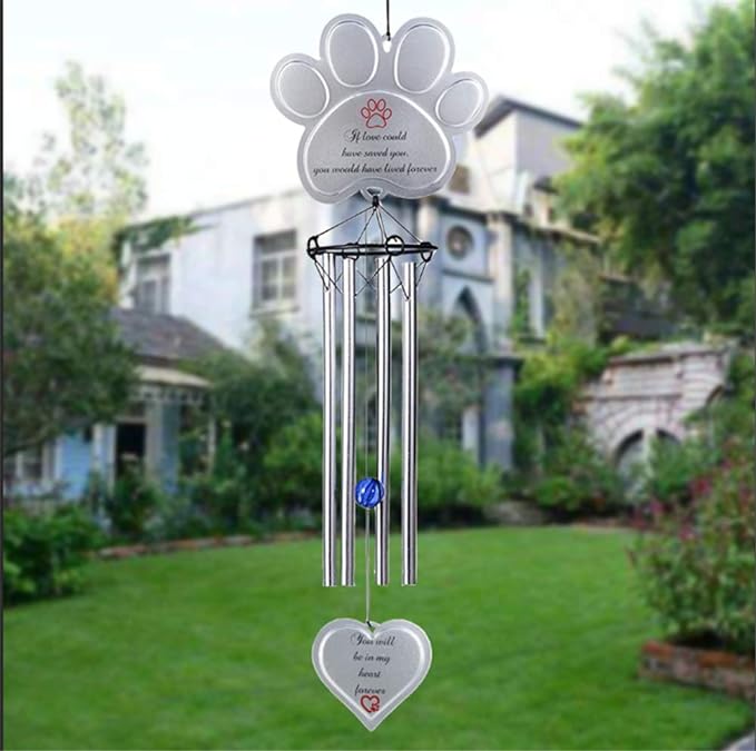 Pet Memorial Wind Chime Gifts Pawprint Dog with Heart Pendant