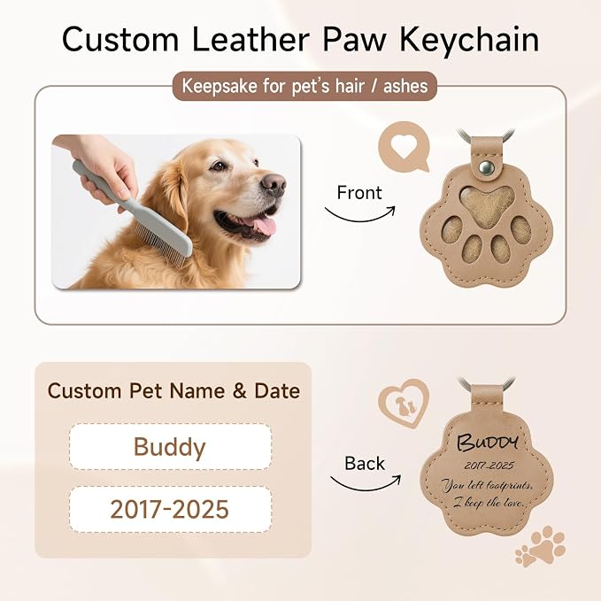 Custom Name Paw-Shaped Leather Keychain, Refillable Keepsake for Bag or Key