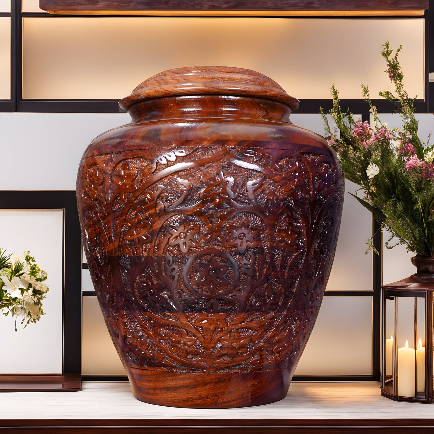 Beautiful Hand-Carved Rosewood Urn - 4 Styles/Colors Available