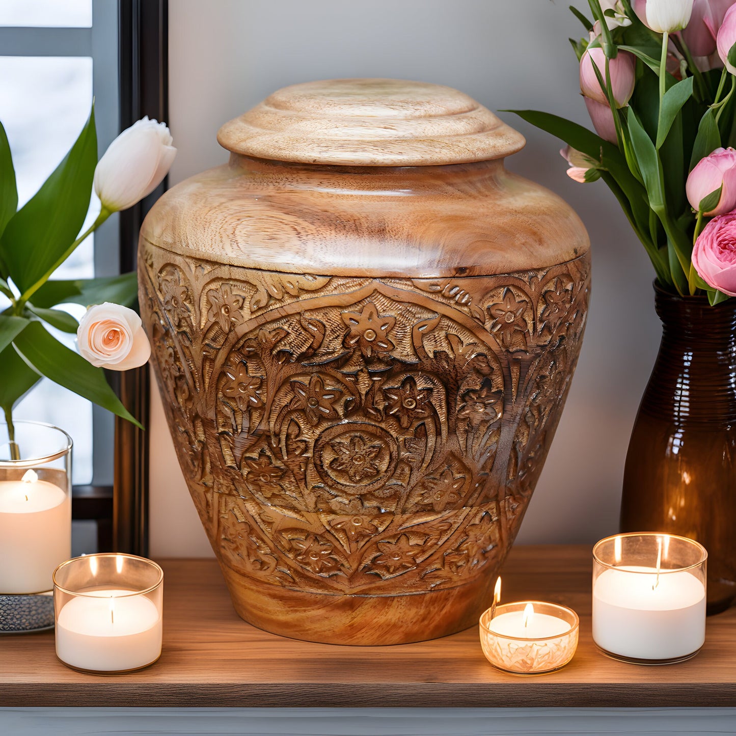 Beautiful Hand-Carved Rosewood Urn - 4 Styles/Colors Available