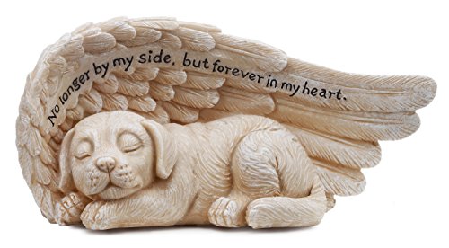 Small Sleeping Dog in Angel's Wing Garden Statue with Inscription, 8 x 4