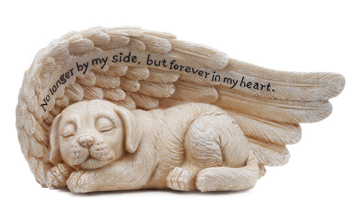 Small Sleeping Dog in Angel's Wing Garden Statue with Inscription