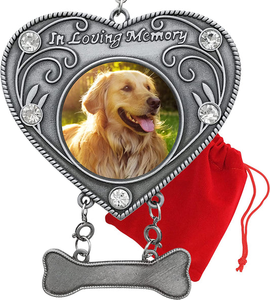 Dog Memorial Photo Ornament | "In Loving Memory" Heart Shaped Picture Christmas Ornament