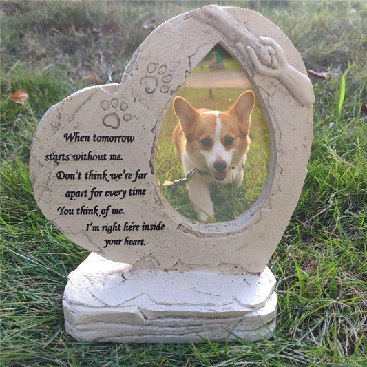 Paw Print Heart Shaped Dog Memorial Stone with Photo Frame