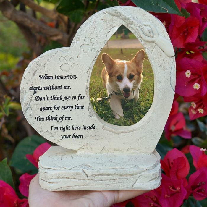 Paw Print Pet Heart Shaped Dog Memorial Stone with Photo Frame