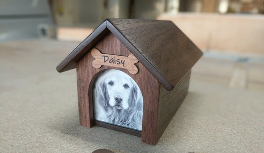 Handcrafted Custom Walnut Photo Doghouse Urn (4 Sizes Available)