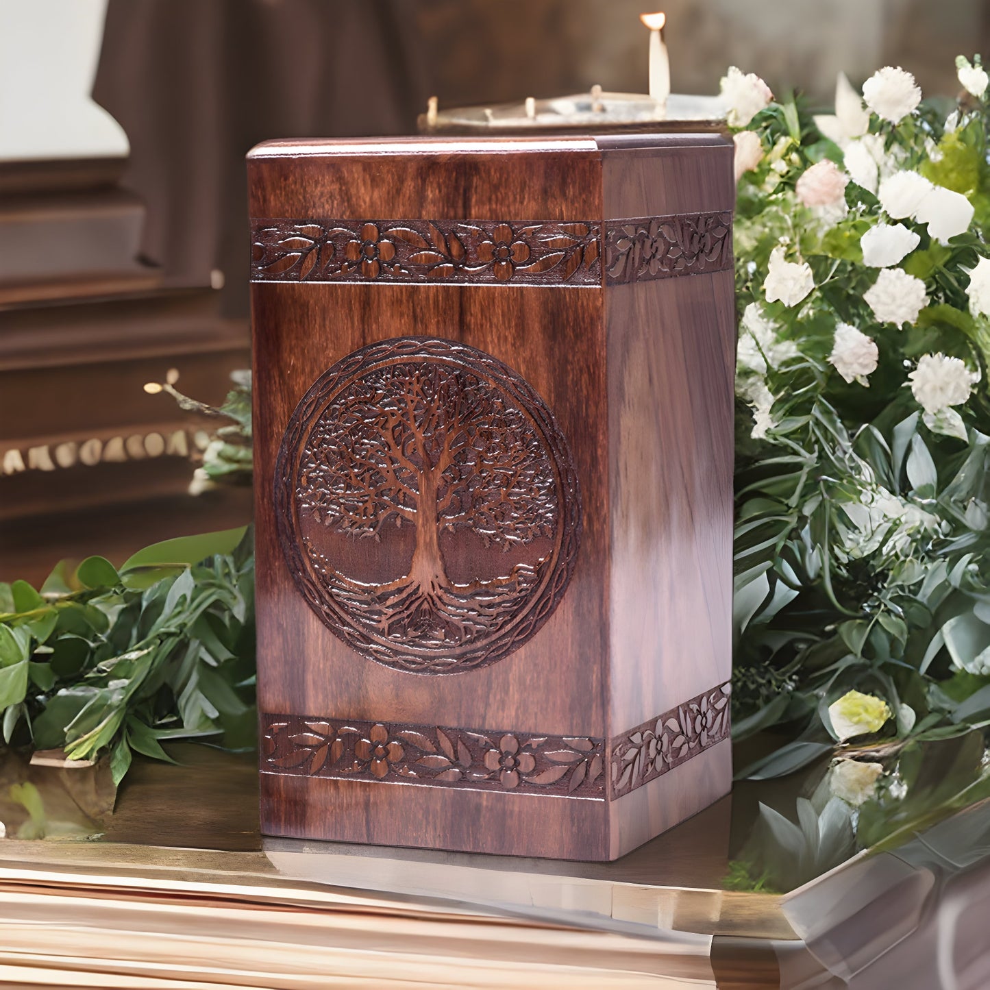 Rectangular Hand-Carved Wooden Rosewood Tree Urn Box