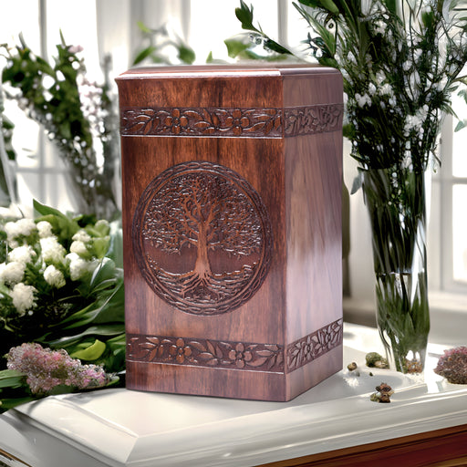 Rectangular Hand-Carved Wooden Rosewood Tree Urn Box