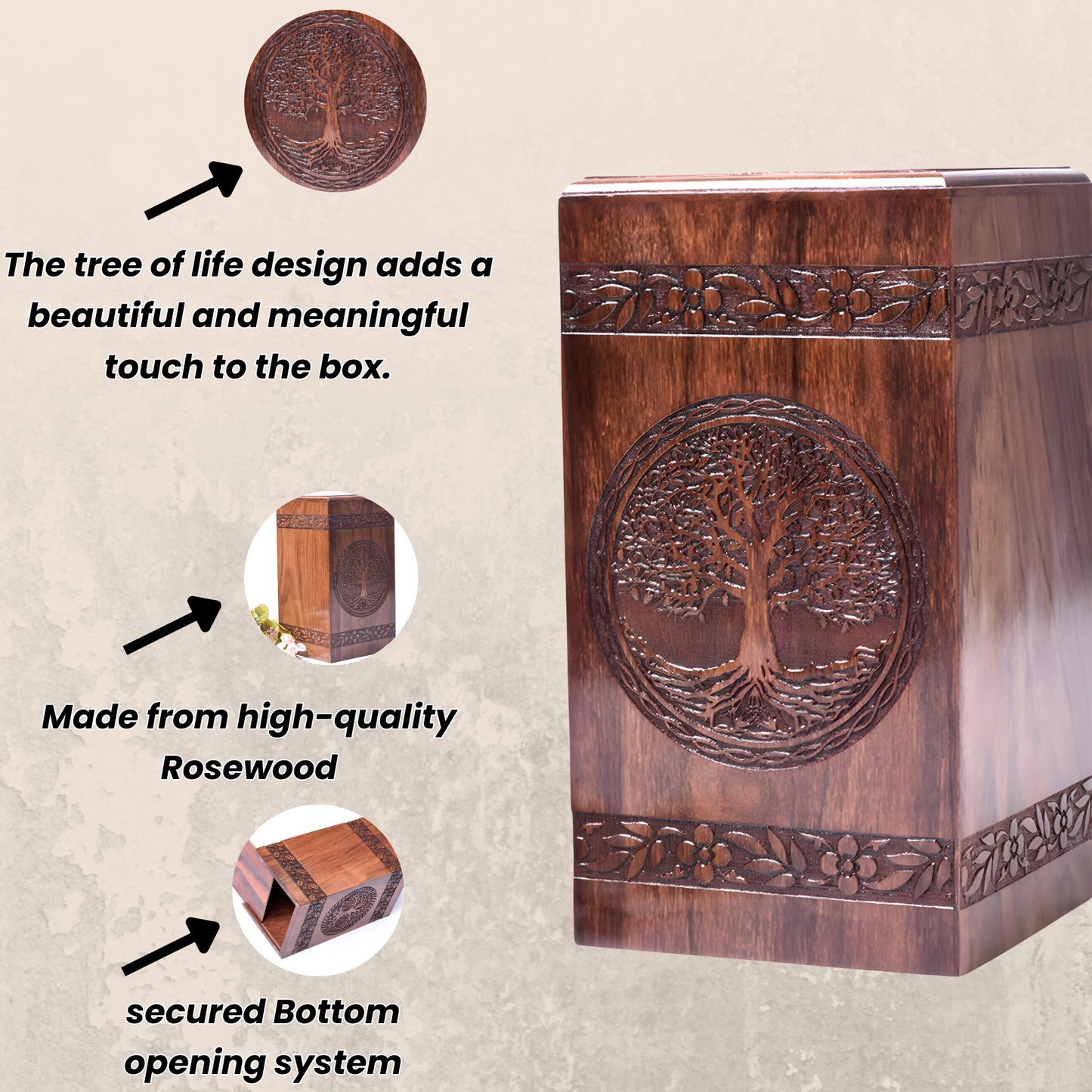 Rectangular Hand-Carved Wooden Rosewood Tree Urn Box