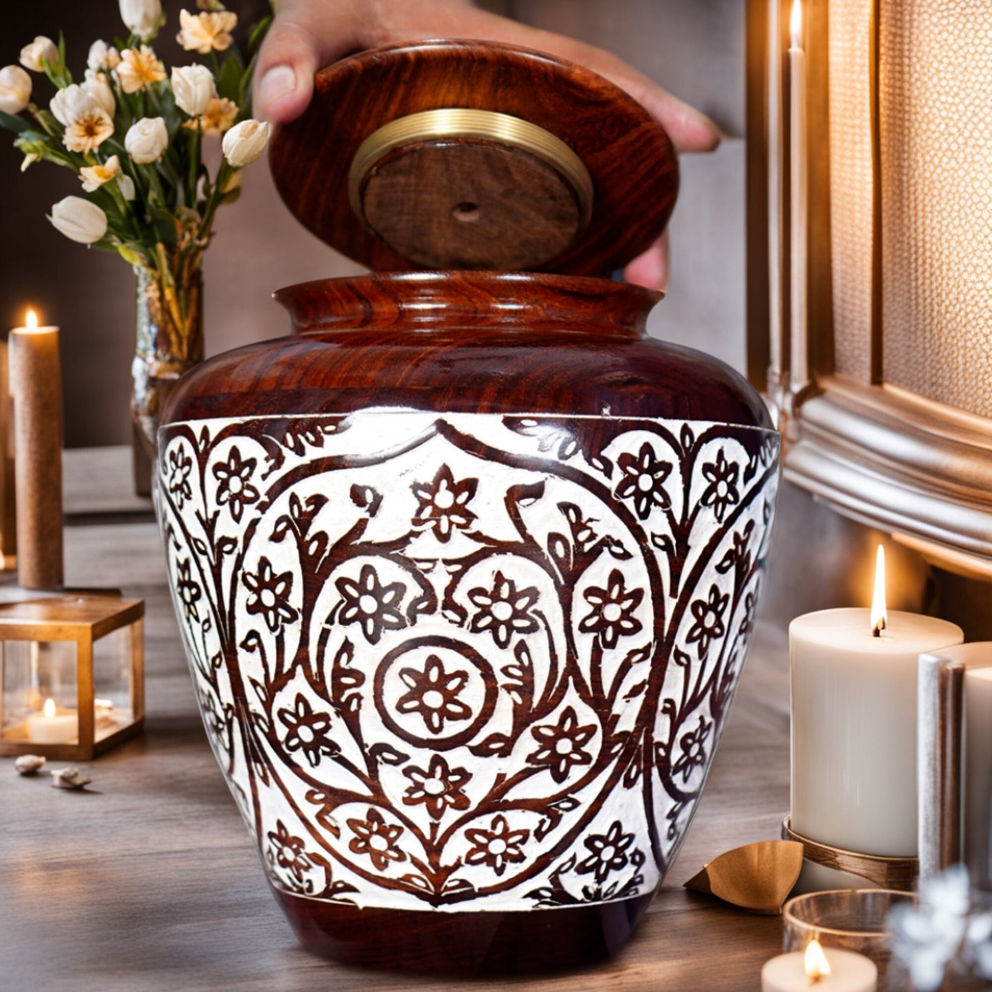 Handcrafted Rosewood White Urn