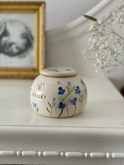 Custom Engraved Ceramic Blue "Forget Me Not" Pet Urn - Handcrafted & Painted in USA