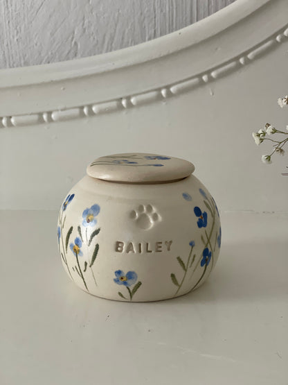 Custom Engraved Ceramic Blue "Forget Me Not" Pet Urn - Handcrafted & Painted in USA