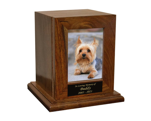 Wooden Pet Photo Cremation Urn w/ Personalized Text