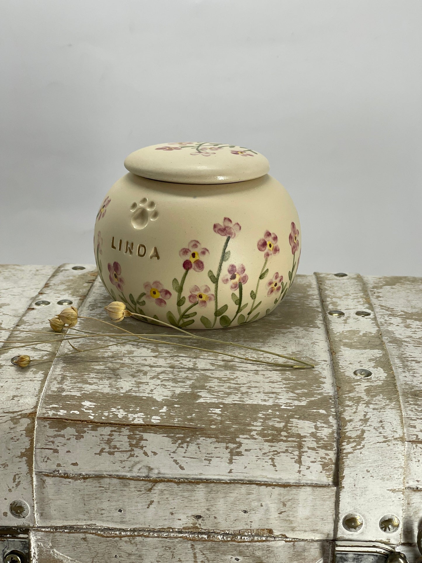 Custom Engraved Ceramic Pink "Forget Me Not" Pet Urn - Handcrafted & Painted in USA